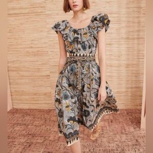 Ulla Johnson Amira Belt Portifino Midi Ruffle Dress Black Yellow Size 10 Cotton